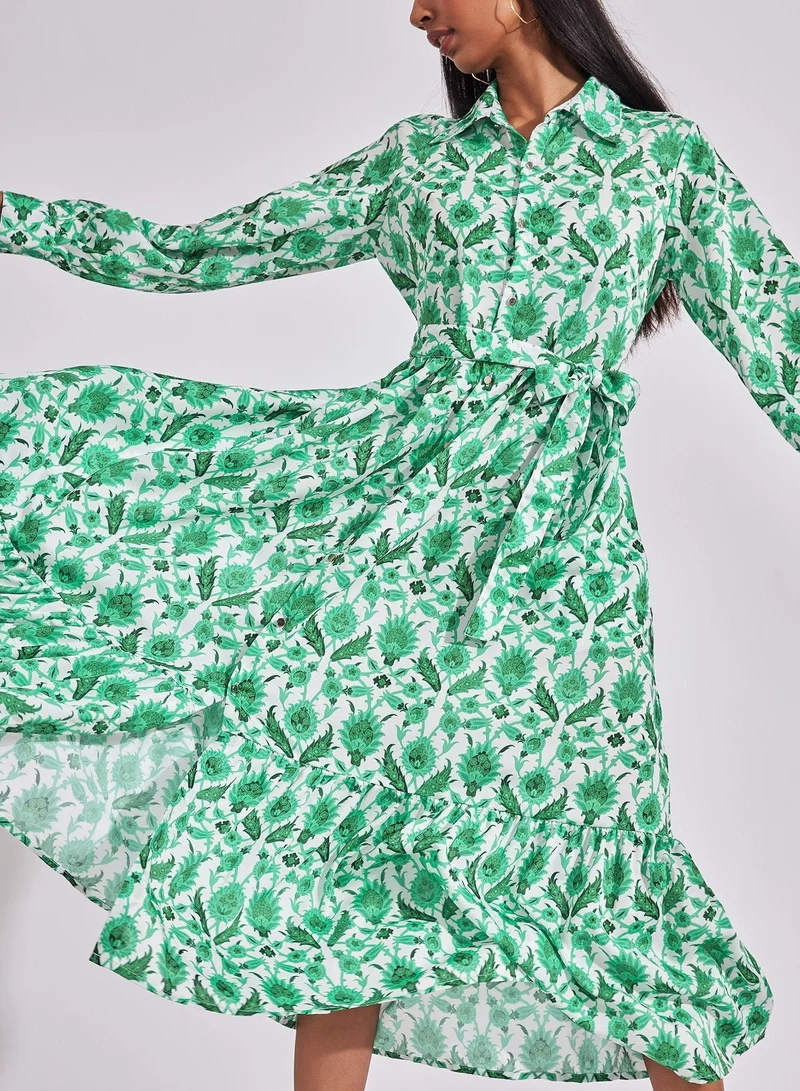 The Label Life Floral Print Midi Shirtdress with Tie-Waist